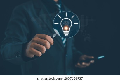 Business professional analyzing artificial intelligence innovation through magnifying glass, exploring AI technology, machine learning, digital transformation, smart analytics, future business growth.