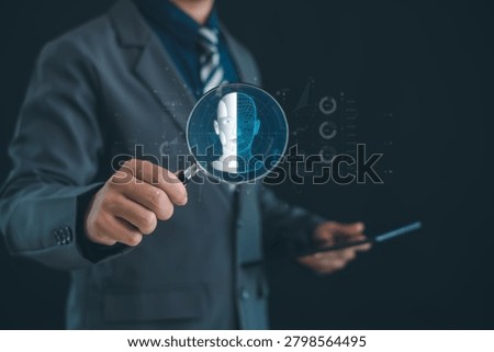 Business professional analyzing artificial intelligence through magnifying glass, representing AI inspection, machine learning,digital transformation,data analytics, innovation, technology assessment.
