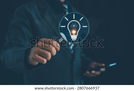 Business professional analyzing artificial intelligence innovation through magnifying glass, exploring AI technology, machine learning, digital transformation, smart analytics, future business growth.
