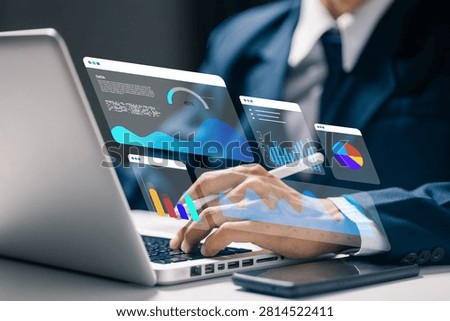 Business professional analyzing interactive data dashboard with charts and reports, illustrating business intelligence, analytics, financial performance, digital reporting.