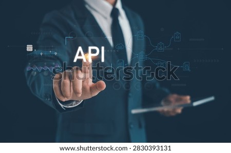 Business professional demonstrating API integration for cloud applications, software development, system connectivity, data exchange, workflow automation, AI technology, and digital transformation.