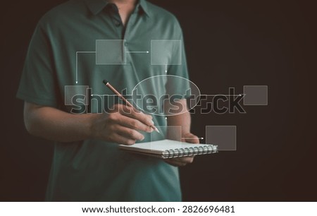 Business professional documenting workflow and process mapping on a notebook. Concept of planning, project management, strategy development, productivity, organization, and analysis.