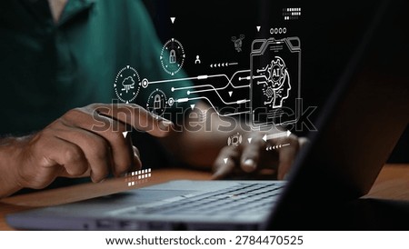 Business professional interacting with AI interface on laptop, featuring cybersecurity, cloud computing, data protection, machine learning, automation, digital transformation, and smart technology integration.