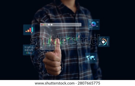 Business professional interacting with digital analytics dashboard featuring financial charts, market trends, data visualization, business intelligence, investment analysis, strategic decision making.