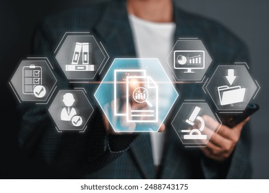 Business professional interacting with digital icons representing data analysis, documents, and case study concepts in a modern, futuristic interface. - Powered by Shutterstock