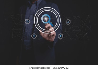 Business professional interacting with a digital search and data analysis interface. Concept of technology, innovation, business intelligence, and digital transformation.