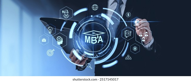 Business professional interacting with MBA-related icons on a digital interface. Blue-toned digital background. Concept of MBA education and business careers - Powered by Shutterstock