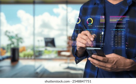 A business professional interacts with data analytics on a smartphone while in a contemporary office, showcasing digital graphs and charts that highlight important insights. - Powered by Shutterstock - Get 15% off with code: PIKWIZARD15