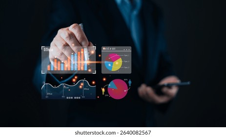 A business professional interacts with a digital interface displaying charts, graphs, and data visualizations, symbolizing digital insights, marketing strategies, and dashboard tools for the analyst.