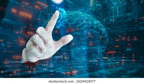 A business professional interacts with a holographic AI agent, visualized as a digital wireframe head, symbolizing automation and advanced data analytics in futuristic technology environments.
