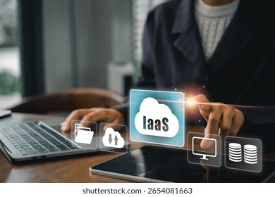 Business professional interacts with IaaS cloud interface, showcasing modern technology in a contemporary office environment.