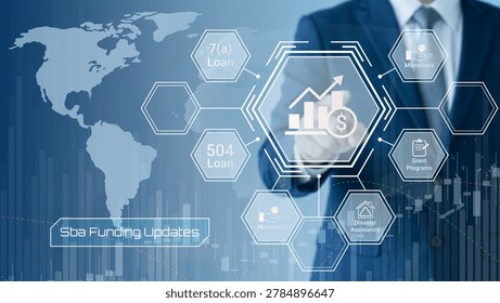 A business professional points to interconnected hexagonal icons representing SBA funding updates including loans grants microloans and disaster assistance over a world map and financial chart