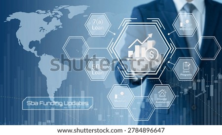A business professional points to interconnected hexagonal icons representing SBA funding updates including loans grants microloans and disaster assistance over a world map and financial chart