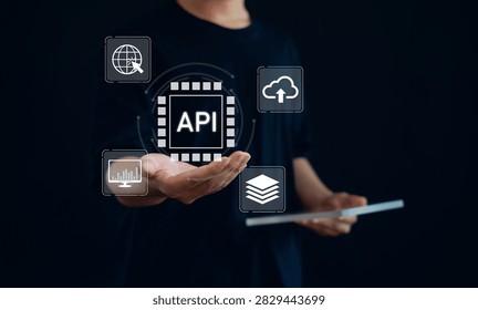 Business professional presenting API integration with cloud computing, data connectivity, software development, system integration, digital infrastructure, application programming, and cloud services.