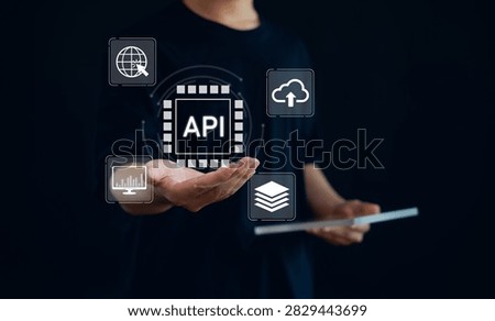 Business professional presenting API integration with cloud computing, data connectivity, software development, system integration, digital infrastructure, application programming, and cloud services.