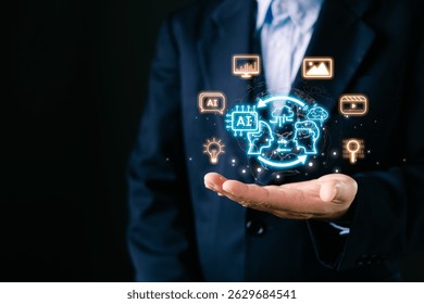 business professional presents a glowing holographic display show AI driven collaboration, innovation, and data exchange, emphasizing artificial intelligence's global impact on digital communication.