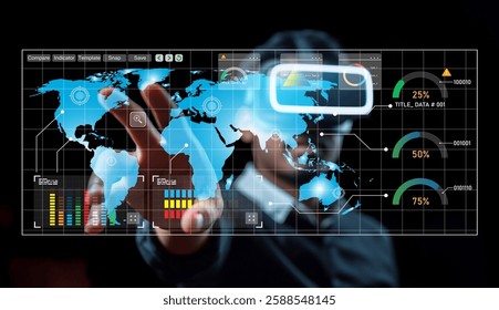 A business professional in a sleek suit interacts with a holographic digital world map, showcasing various data visualizations and analytics in a cutting-edge environment.