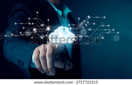 Business professional touching cloud computing interface with data network connections, digital transformation, cybersecurity, analytics, and fintech innovation in modern technology environment.