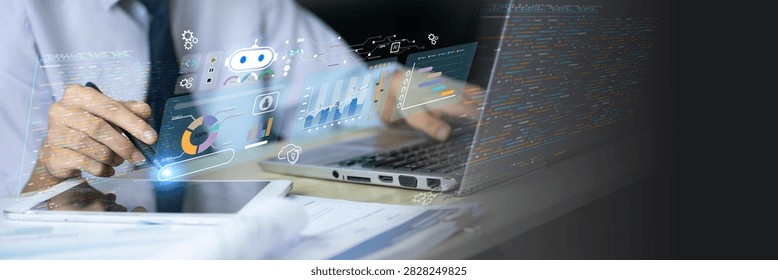 Business professional using AI-powered analytics, interactive dashboards, and coding tools on a laptop. The futuristic interface represents Business Intelligence, data visualization, software development, intelligent automation, workflow optimization, performance monitoring, AI assistance, digital transformation, and data-driven decision making for modern enterprises and global business operations.