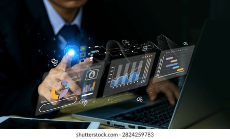 Business professional using AI-powered business intelligence dashboards to analyze real-time data, monitor KPIs, and visualize business performance. The futuristic interface represents advanced analytics, interactive reporting, digital transformation, predictive insights, workflow optimization, enterprise management, and data-driven decision making for modern organizations and global business operations.