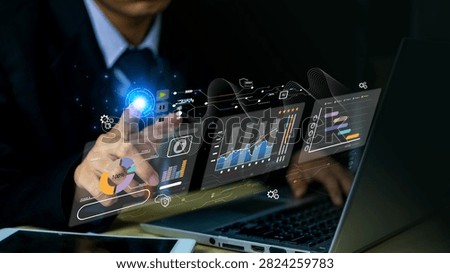 Business professional using AI-powered business intelligence dashboards to analyze real-time data, monitor KPIs, and visualize business performance. The futuristic interface represents advanced analytics, interactive reporting, digital transformation, predictive insights, workflow optimization, enterprise management, and data-driven decision making for modern organizations and global business operations.