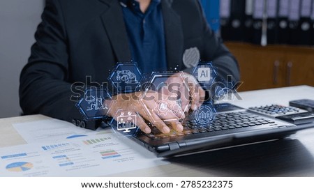 Business professional using AI-powered MLOps technology for machine learning automation,DevOps workflow,data analytics,cloud computing,intelligent digital transformation in modern enterprise systems.