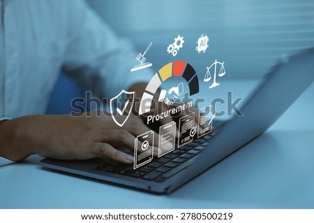 Business professional using AI-powered procurement management system on laptop with digital compliance, contract approval, invoice processing and secure supply chain automation technology
