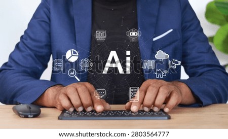 Business professional using artificial intelligence technology for data analytics, automation, cloud computing, smart solutions, machine learning, digital transformation, and AI-powered business innovation.