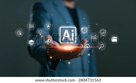 Business professional using artificial intelligence technology for data analysis and process automation. AI platform, machine learning, cybersecurity, digital transformation and innovation concept.