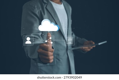 Business professional using cloud technology for secure file sharing, digital collaboration, document management, cloud storage, data access, and enterprise connectivity solutions.