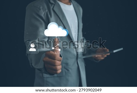 Business professional using cloud technology for secure file sharing, digital collaboration, document management, cloud storage, data access, and enterprise connectivity solutions.