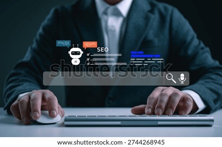 Business professional using computer with AI chatbot and SEO interface over search bar. Concept of AI content optimization, keyword research, voice search, and digital marketing strategy.