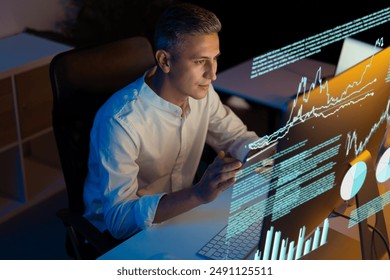 Business Professional Using Data Analytics Software On Computer Screen, Focused On Digital Graphs And Performance Metrics, Illuminated By Office Lighting, Symbolizing Technology, Innovation.