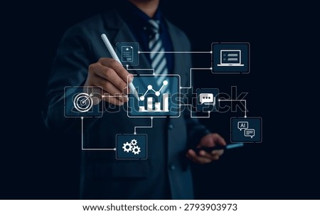 Business professional using digital analytics dashboard with AI, automation, and workflow icons, representing business intelligence, data integration, process optimization, digital transformation.