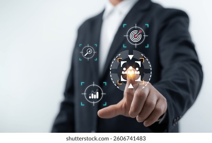 Business professional using digital interface to target customers and analyze marketing data strategy in modern corporate environment