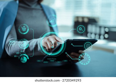 Business professional using a digital interface with data analytics, ecommerce, and innovation icons, representing modern technology workflow and smart digital business solutions.