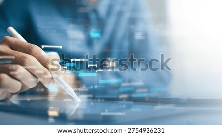 Business professional using digital tablet with workflow timeline interface overlay. Concept of project planning, task scheduling, process management, and business strategy implementation.