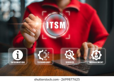 Business professional using ITSM interface for efficient information technology service management solutions.