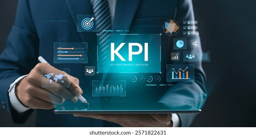 Business Professional Using KPI Dashboard and Digital Analytics Tools for Strategic Planning, Performance Management, and Success Goals