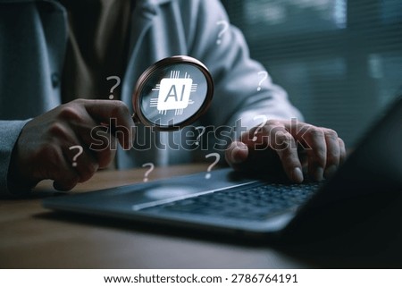 Business professional using a laptop while examining an AI chip through a magnifying glass, representing smart tool selection, technology research, automation strategy, and digital innovation.