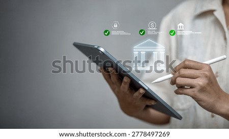 Business professional using tablet for secure digital banking verification with financial approval icons, online transaction security, fintech compliance, and mobile banking technology.