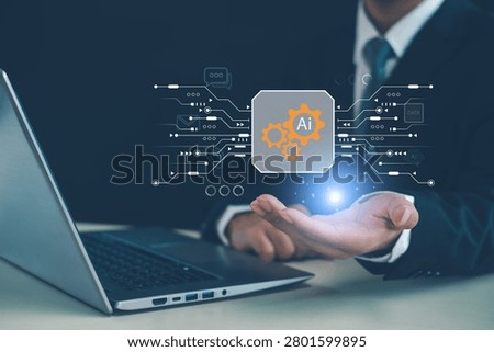 Business professional utilizing AI-powered data processing and automation technology, representing artificial intelligence, machine learning, digital transformation, and smart business solutions.