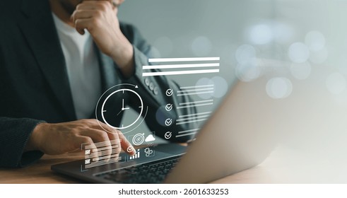 Business professional working on a laptop with clock and to do list interface, time management and productivity tools. Symbolizing task planning, scheduling, and efficient business workflow solutions.