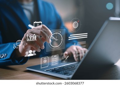 Business professional working on a laptop with clock and to do list interface, time management and productivity tools. Symbolizing task planning, scheduling, and efficient business workflow solutions.