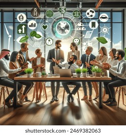 business professionals collaborating, green energy symbols, diverse team, modern office, natural earthy design, solar panels, wind turbines, electric vehicles, renewable energy icons, eco-friendly elements, bright and uplifting atmosphere, connected