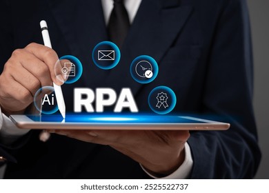 Business professionals interacting with digital interfaces, highlighting AI, RPA, and cybersecurity in a global context.