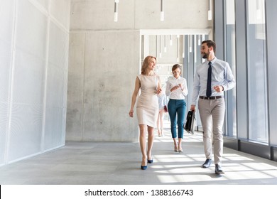 Business professionals talking while walking in office corridor