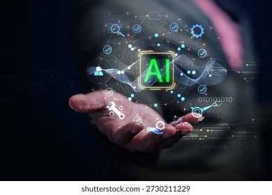 Business professionals are using computers featuring artificial intelligence (AI) and big data network connectivity cutting edge technologies for business automation, cloud computing, and intelligent