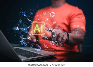 Business professionals are using computers featuring artificial intelligence (AI) and big data network connectivity cutting edge technologies for business automation, cloud computing, and intelligent