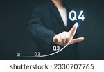 Business Profit growth, Financial report, Fourth quarter Concept. Business man point 4th quarter positive growth performance report, increasing financial, Q4, stock, analysis, Business chart, success.